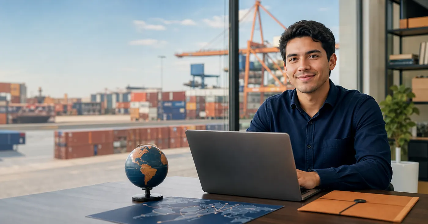 Estudiante de comercio exterior junto a un puerto
