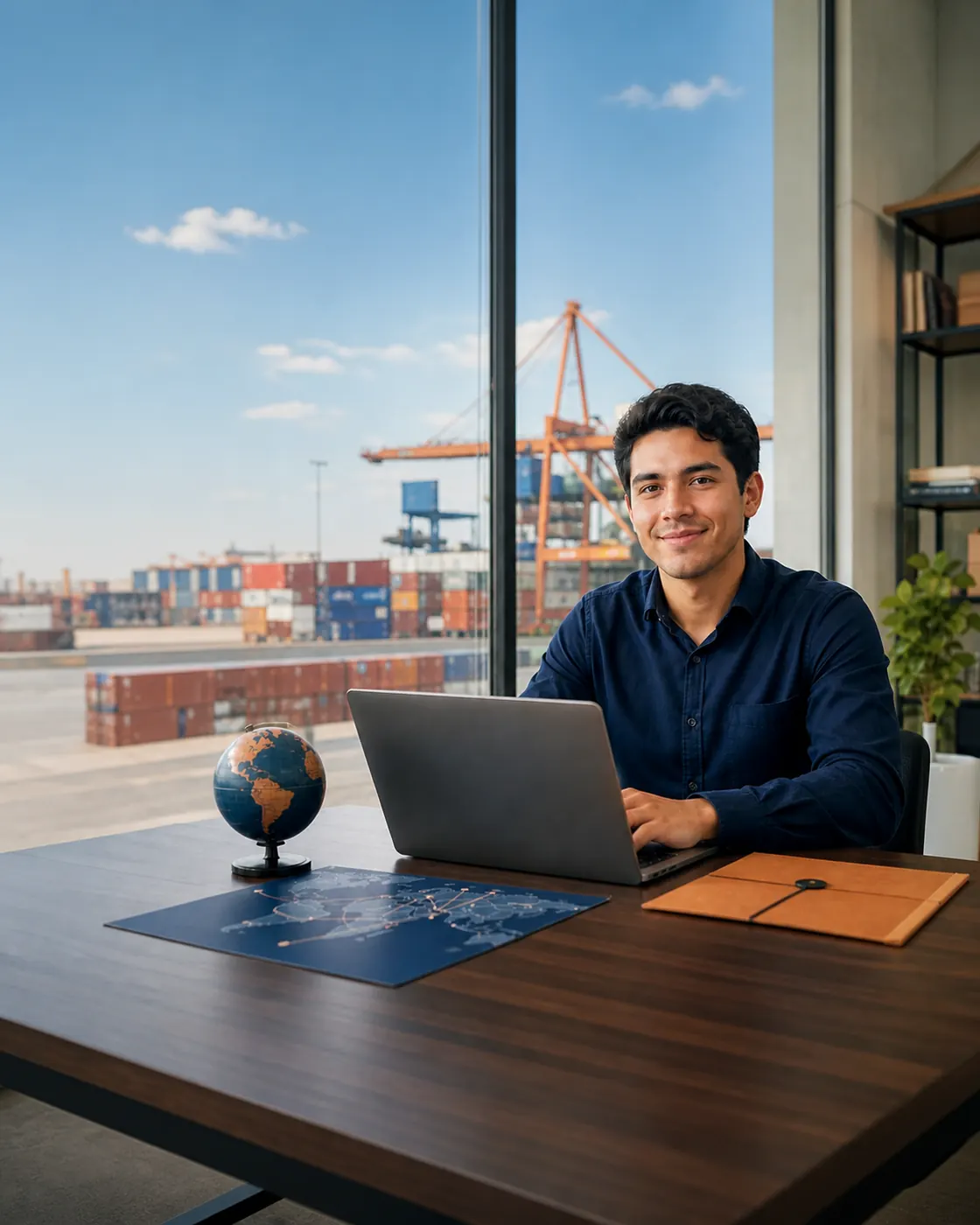 Estudiante de Comercio Exterior con un puerto de contenedores al fondo